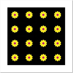 Yellow daisies with Cerise centres on a Black background Posters and Art